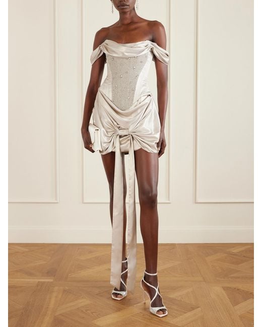 Clio Peppiatt White Paloma Convertible Draped Embellished Satin Mini Dress
