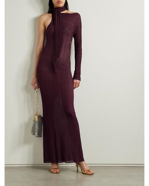 Rabanne Purple Asymmetrisches Maxikleid Aus Plissiertem Metallic-Strick Mit Schluppe