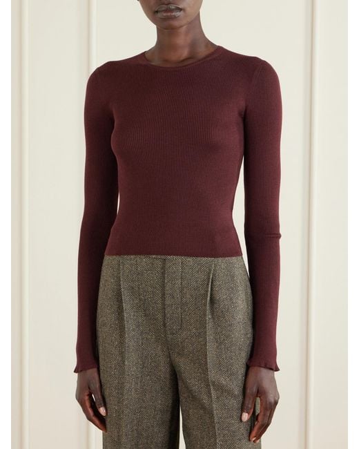 Saint Laurent Purple Ribbed Cashmere, Wool And Silk-Blend T-Shirt