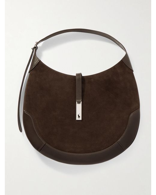 Polo Ralph Lauren Brown Polo Id Embellished Leather And Suede Shoulder Bag