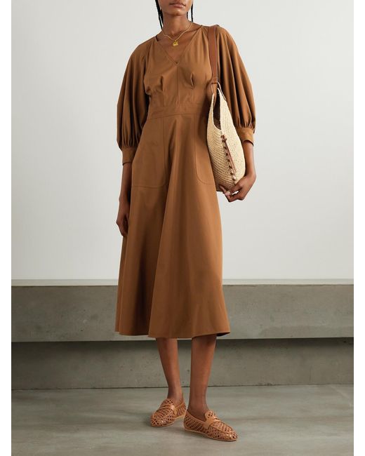 Max Mara Brown Pedaggi Paneled Cotton Midi Dress