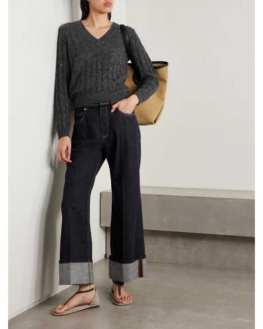 Brunello Cucinelli Black Sequin-Embellished Cable-Knit Sweater