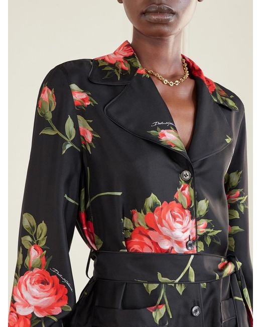 Dolce & Gabbana Black Belted Floral-Print Silk-Twill Shirt