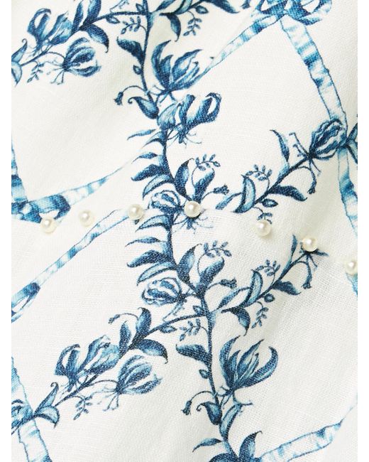 Agua Bendita White Balsa Faux Pearl-Embellished Printed Linen Halterneck Midi Dress