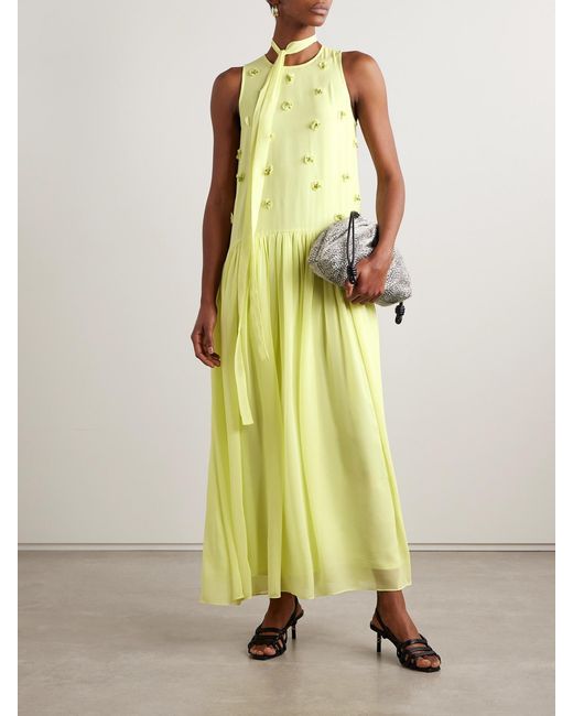 Ulla Johnson Yellow Eleni Belted Embellished Silk-Georgette Maxi Dress