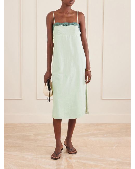 Posse Green Darya Lace-Trimmed Linen And Cotton-Blend Midi Dress