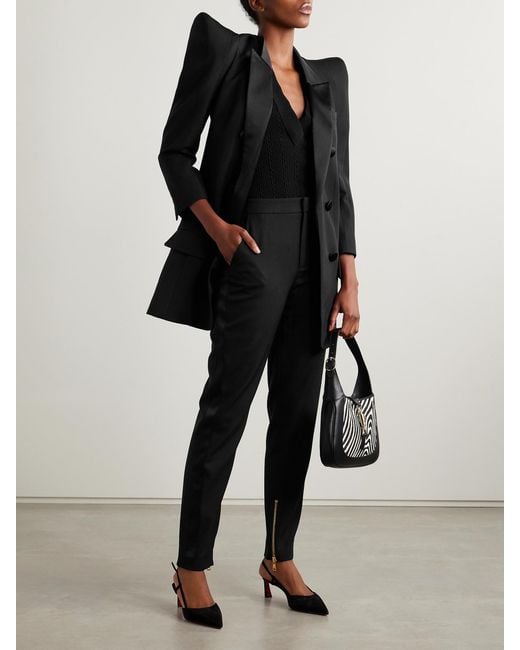 Balmain Black Satin-Trimmed Wool Straight-Leg Pants