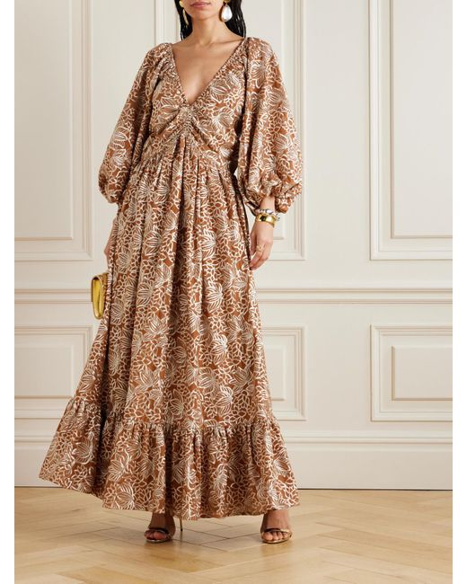 Robe Longue En Satin À Broderies Et À Fronces ‎Dima Ayad en coloris Natural