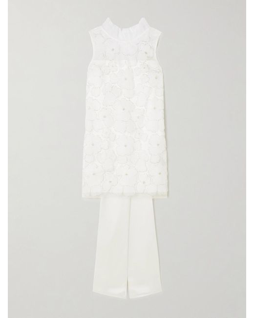 Self-Portrait White Embellished Appliquéd Tulle And Satin Mini Dress