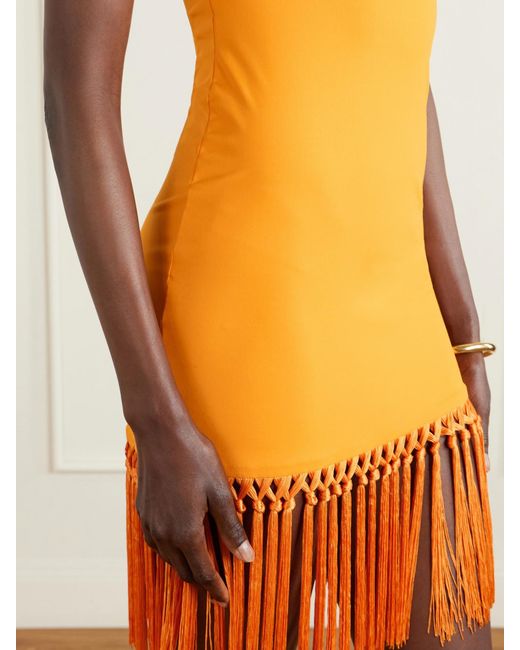 Taller Marmo Orange Romy Off-The-Shoulder Fringed Jersey Mini Dress