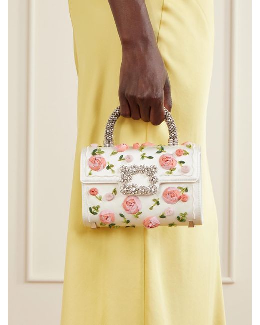 Roger Vivier Gray Floral-Appliquéd Embellished Satin Clutch