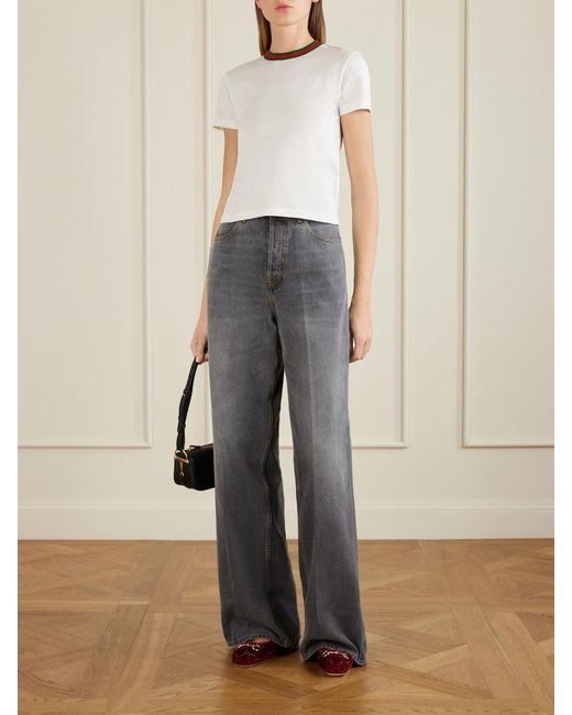 Gucci White Cropped Striped Embroidered Cotton-Jersey T-Shirt