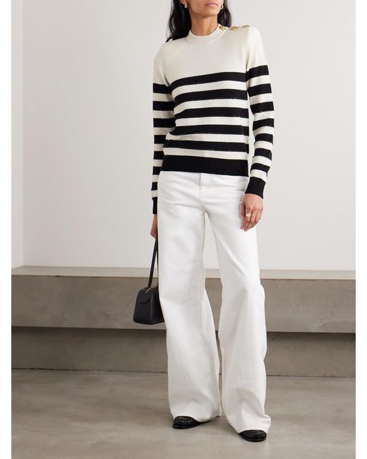 Balmain White Embellished Striped Knitted Sweater