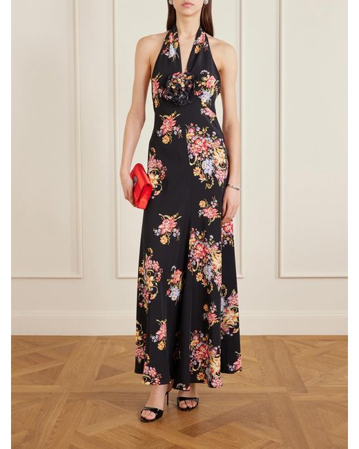 Rodarte White Floral-Print Silk-Crepe Halterneck Gown