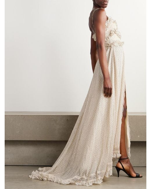 Valentino Garavani Natural Lace-Trimmed Ruffled Polka-Dot Silk-Georgette Gown