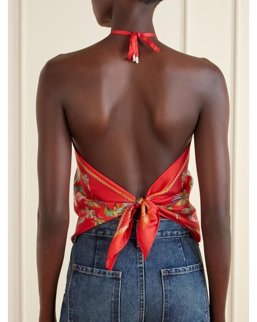 Etro Red Printed Silk-Satin Halterneck Top