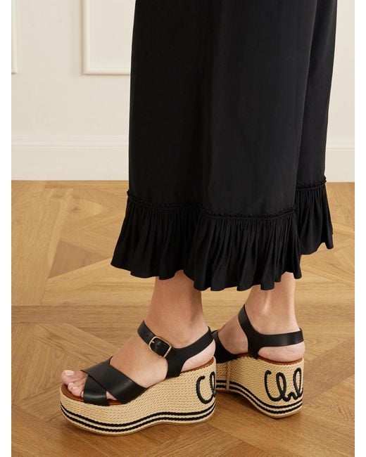 Chloé Natural Logo-Embroidered Leather Platform Sandals