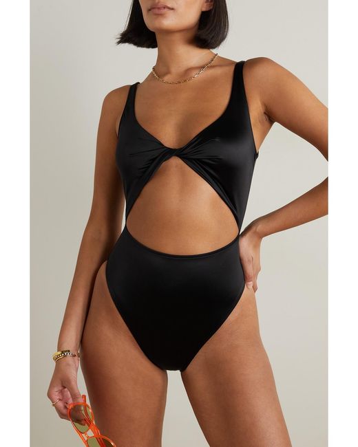 GOOD AMERICAN Black Twist-Front Cutout Stretch-Satin Swimsuit