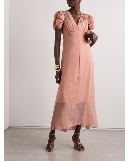 Zimmermann Pink Eden Asymmetric Gathered Silk-Georgette Dress