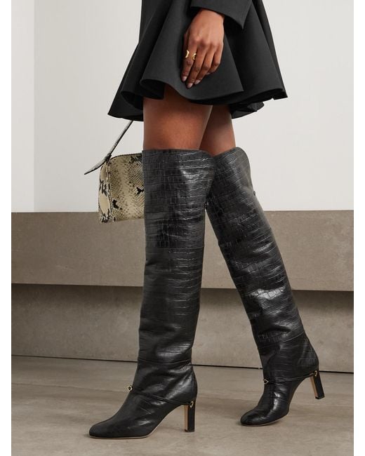 JENNIFER CHAMANDI Black Samu Over-The-Knee Croc-Effect Leather Boots