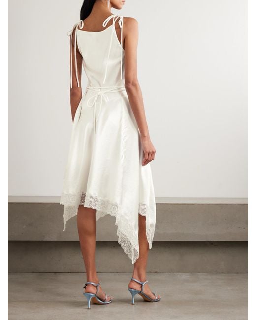 Acne White Doyla Belted Asymmetric Scalloped Lace-Trimmed Hammered-Satin Midi Dress