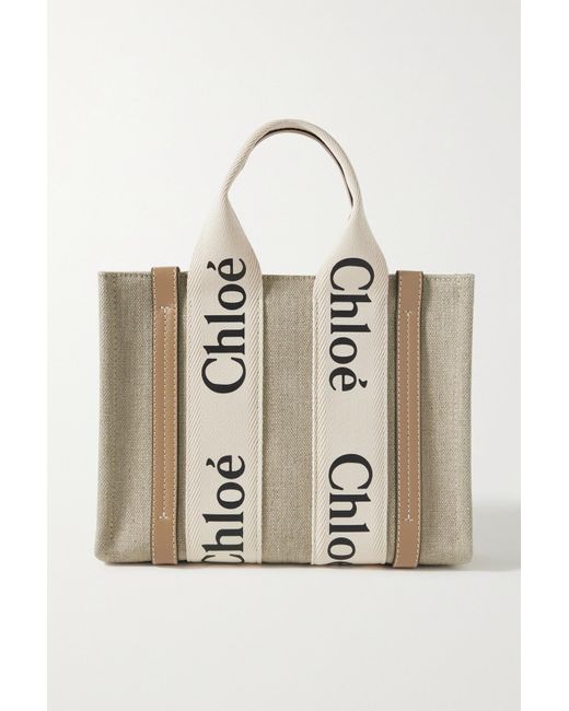 Chloé Woody Small Leather-trimmed Linen-canvas Tote in Natural | Lyst ...