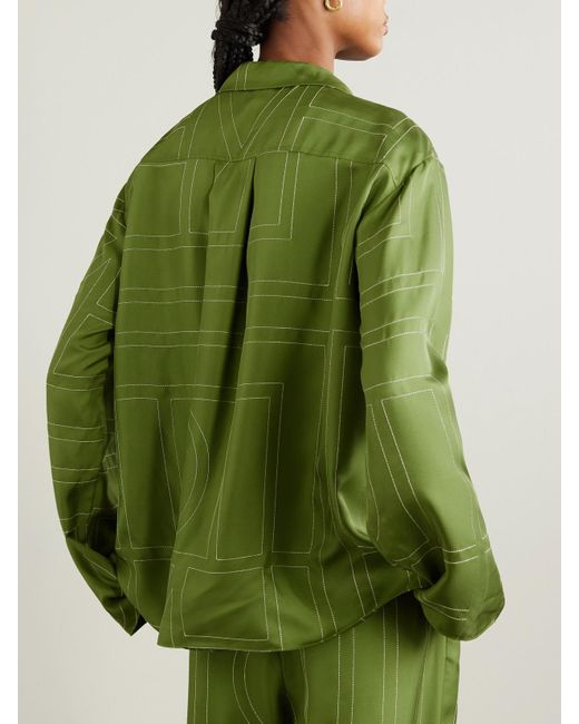 Totême  Green Embroidered Silk-Twill Shirt