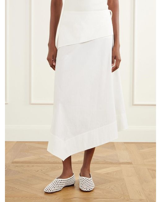 St. Agni White Belted Asymmetric Cotton-Blend Poplin Midi Skirt