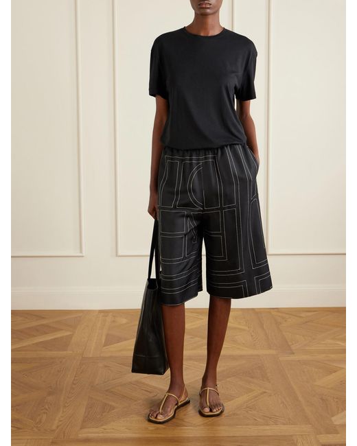 Totême Black Embroidered Silk Shorts