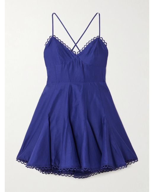 Charo Ruiz Blue Marlene Pleated Guipure Lace-Trimmed Cotton-Blend Voile Mini Dress