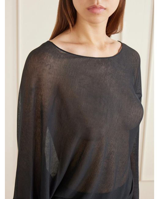 Ruohan Blue Cobia Asymmetric Gathered Cotton-Gauze Blouse