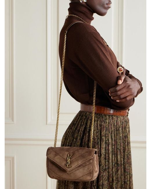 Saint Laurent Brown Loulou Kleine Schultertasche Aus Gestepptem Veloursleder