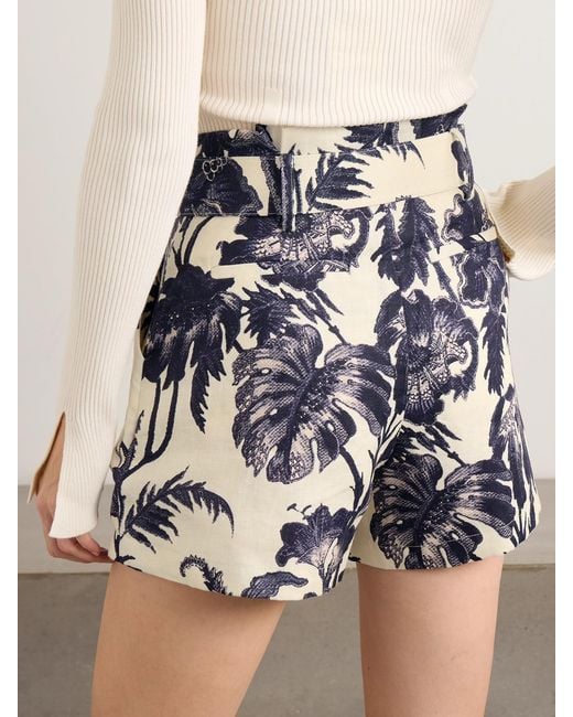 Cara Cara Blue Palmer Belted Pleated Floral-Print Linen Shorts