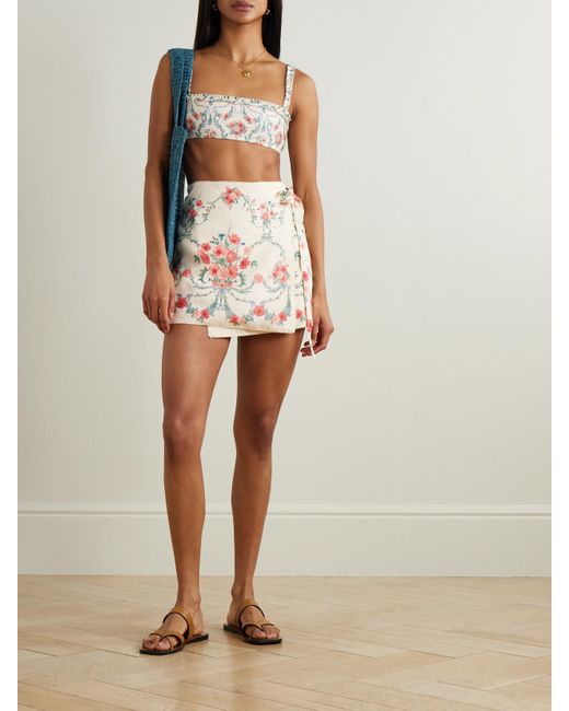 Agua Bendita White Luna Mosqueta Floral-Print Linen Mini Wrap Skirt