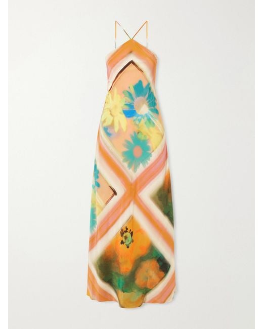 Staud White Cubism Striped Floral-Print Satin Maxi Dress