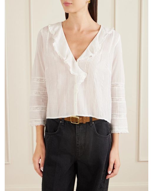 Doen White Huguette Ruffled Pleated Lace-Trimmed Organic Cotton Blouse