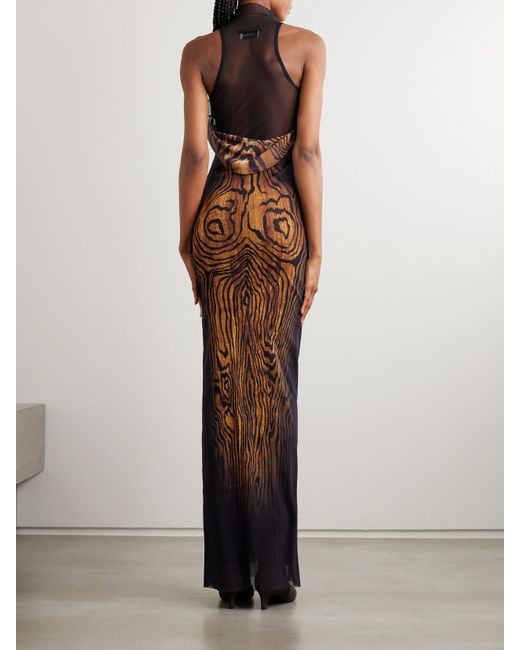 Jean Paul Gaultier White Layered Draped Printed Stretch-Tulle Turtleneck Maxi Dress