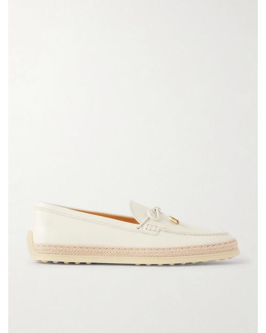 Tod's Natural Gomma Raffia-Trimmed Bow-Detailed Suede Loafers