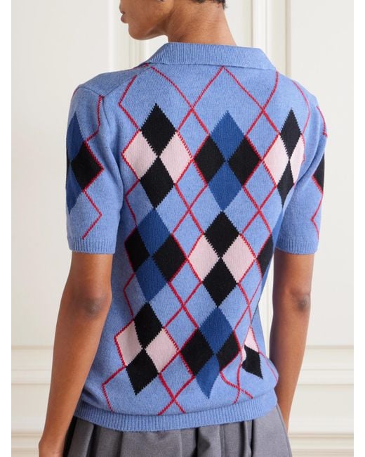 Marni Blue Embroidered Argyle Wool Polo Shirt
