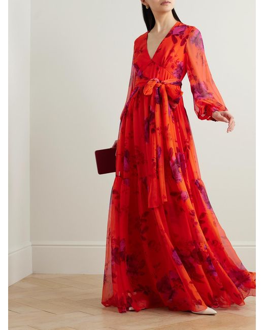 Erdem Belted Floral-print Tiered Silk-chiffon Maxi Dress