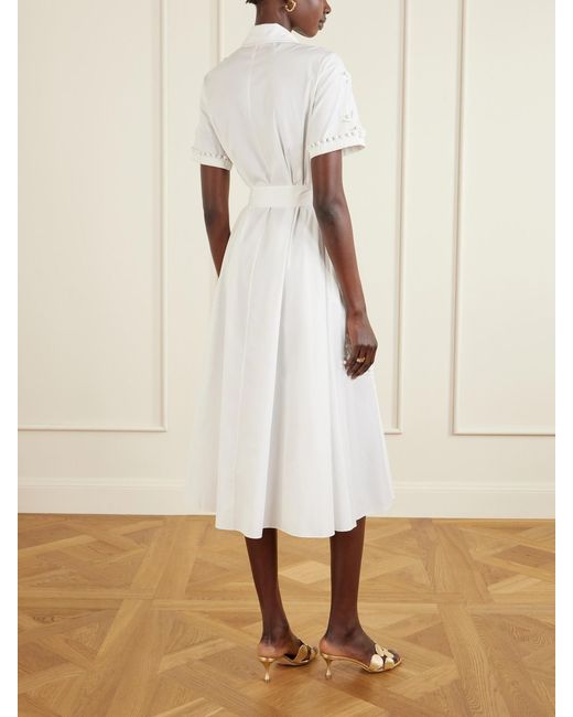 Carolina Herrera White Belted Embroidered Cotton-Blend Poplin Midi Shirt Dress
