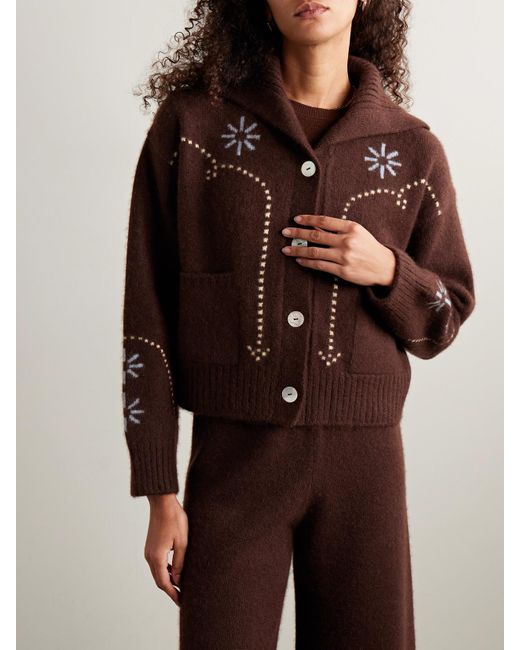Calle Del Mar Brown Intarsia-Knit Cashmere Cardigan