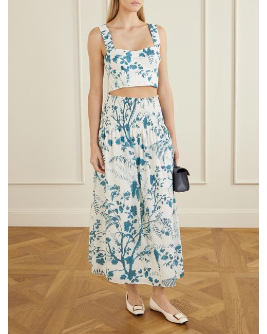Erdem Blue Shirred Floral-Print Cotton And Linen-Blend Midi Skirt
