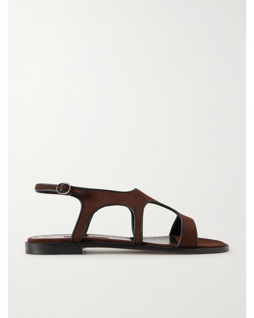 Manolo Blahnik Brown Rufina Leather-Trimmed Suede Sandals