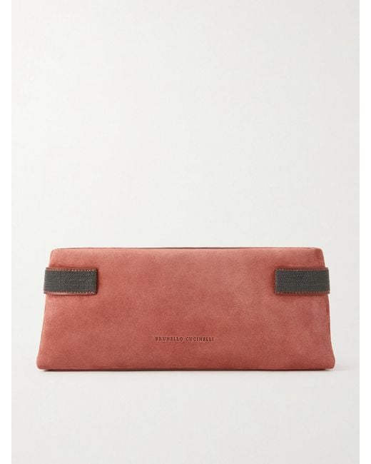 Brunello Cucinelli Pink Essence Bead-Embellished Leather-Trimmed Suede Clutch