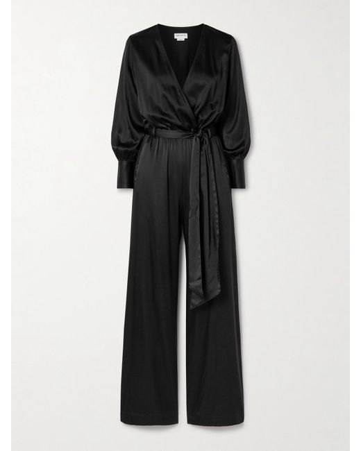 Rivet Utility Black The Partier Belted Silk-Blend Satin Jumpsuit