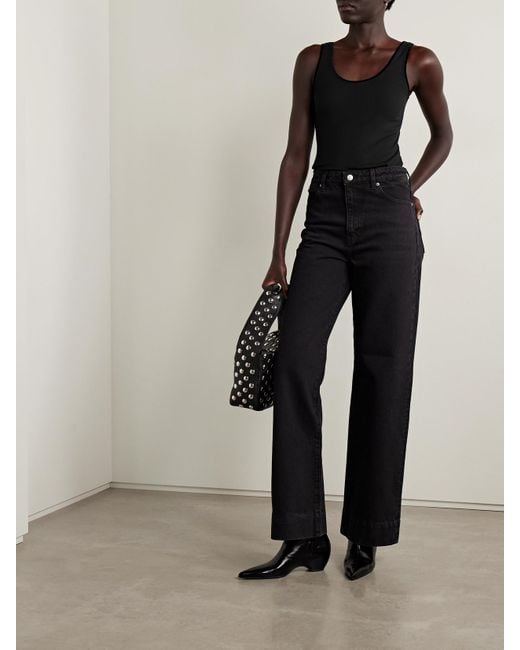 FRAME Black Velvet-Trimmed Ribbed Stretch-Modal Tank