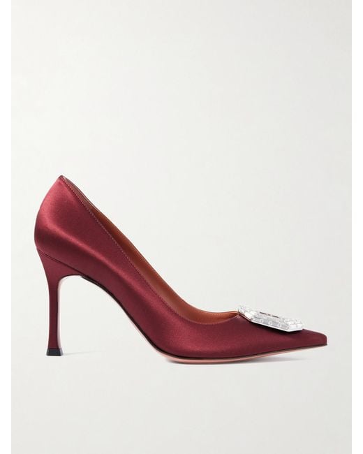 AMINA MUADDI Pink Camelia Crystal-Embellished Satin Point-Toe Pumps