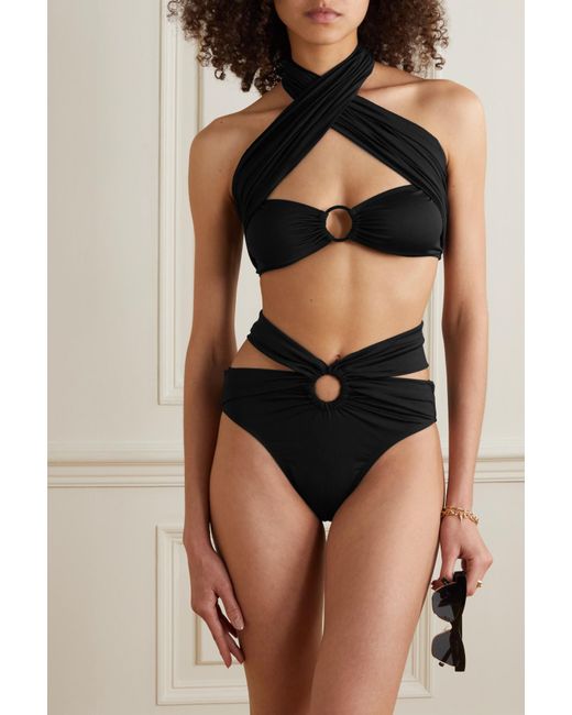 Leslie Amon Togzhan Cutout Ruched Halterneck Bikini Top in Black | Lyst