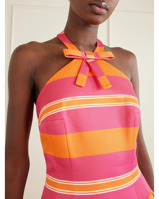 Emilia Wickstead Red Striped Bow-Detailed Striped Taffeta Halterneck Gown